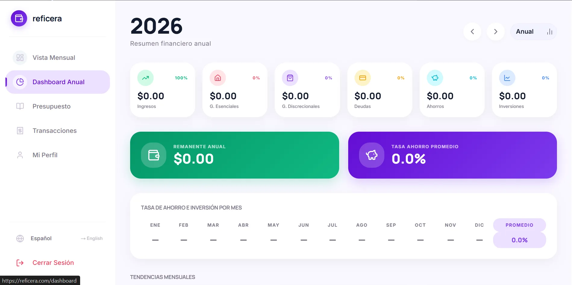Reficera annual dashboard with 6 KPIs, savings rate table by month, and year navigation
