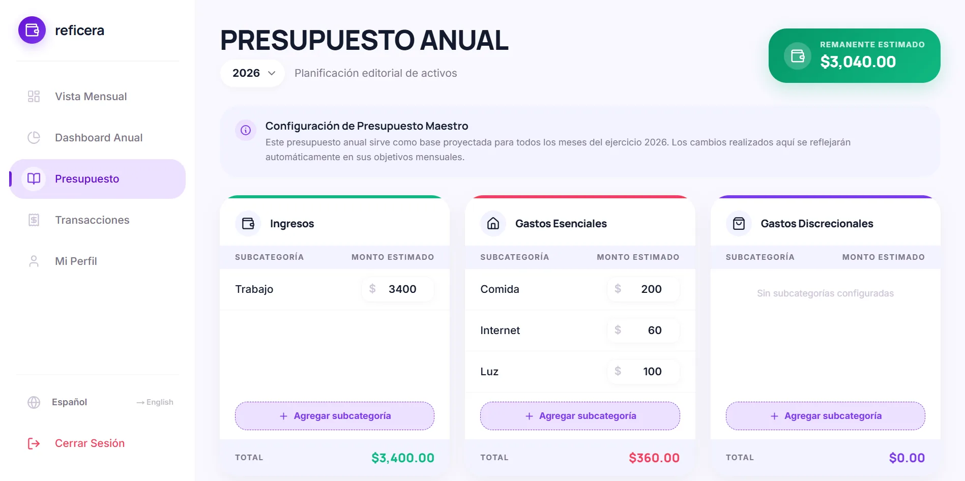 Reficera budget editor showing estimated amounts per subcategory with year selector